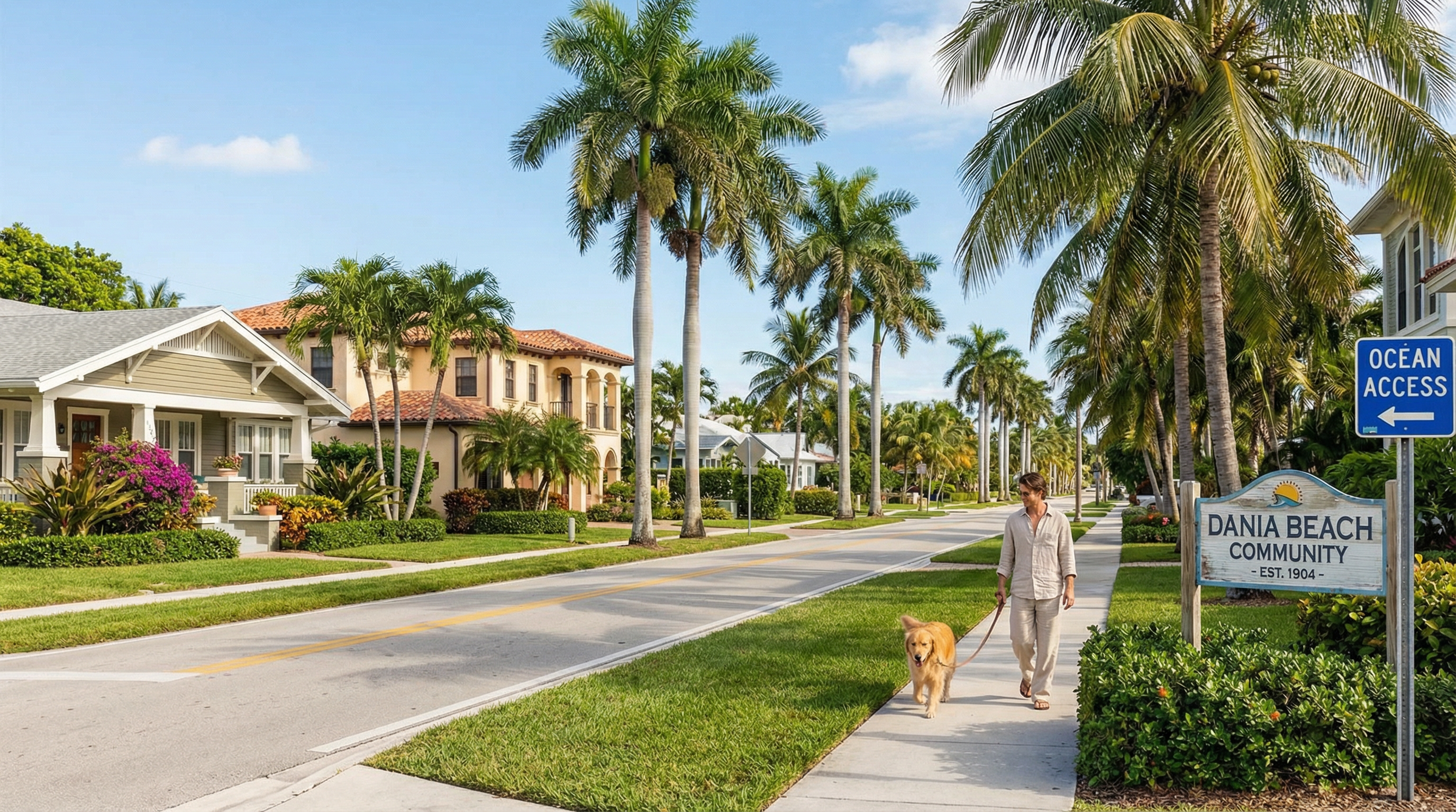 Dania Beach Florida neighborhood with dog walking