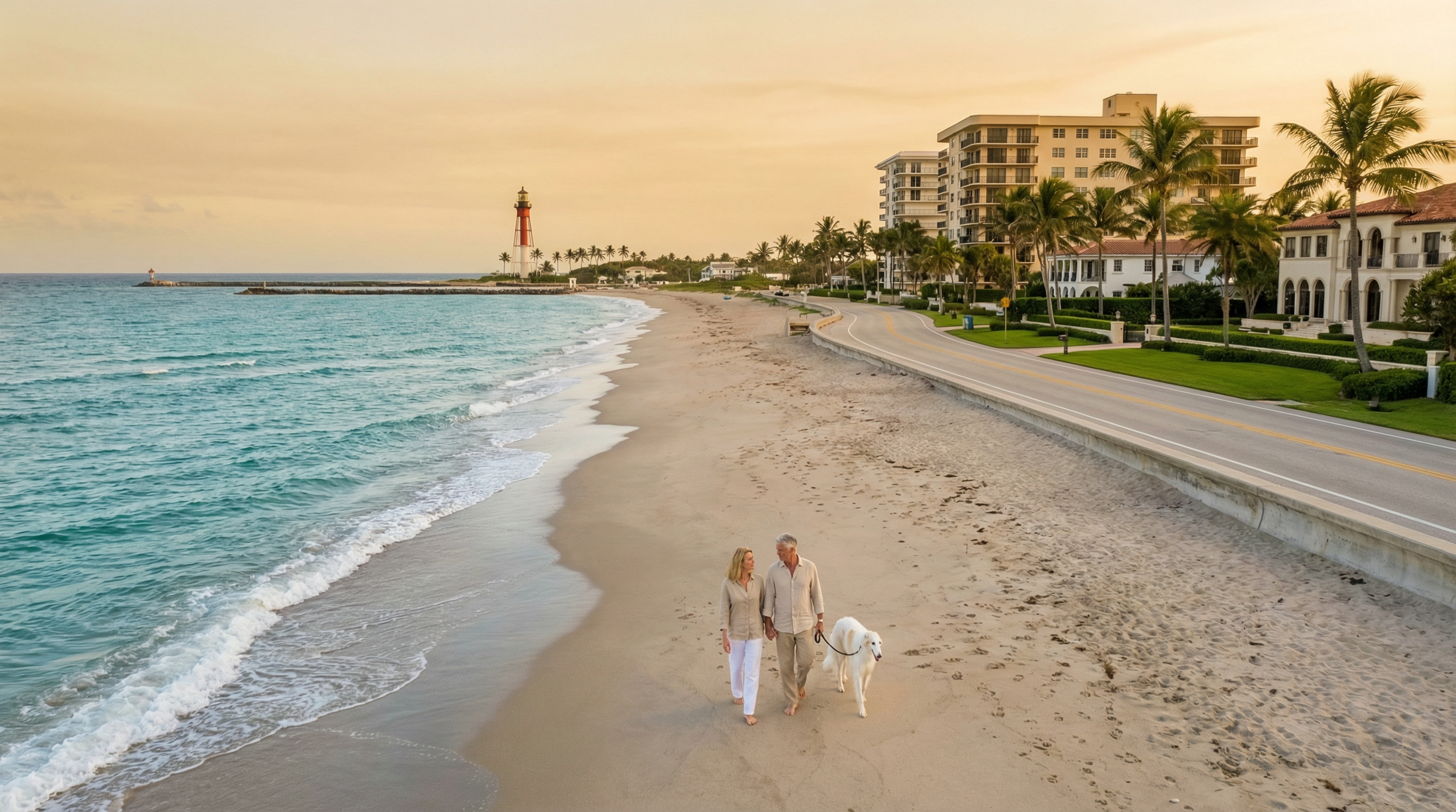 Hillsboro Beach Florida oceanfront with lighthouse and dog walking