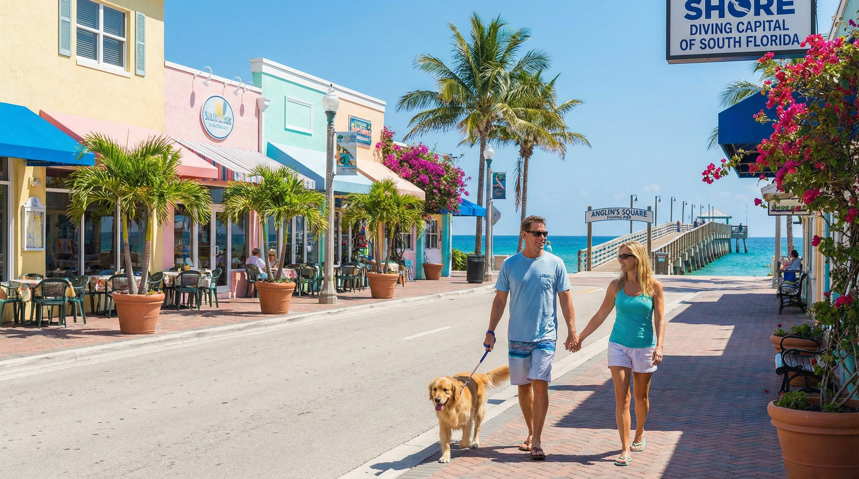 Lauderdale-by-the-Sea Florida beach village with dog walking near Anglin's Square
