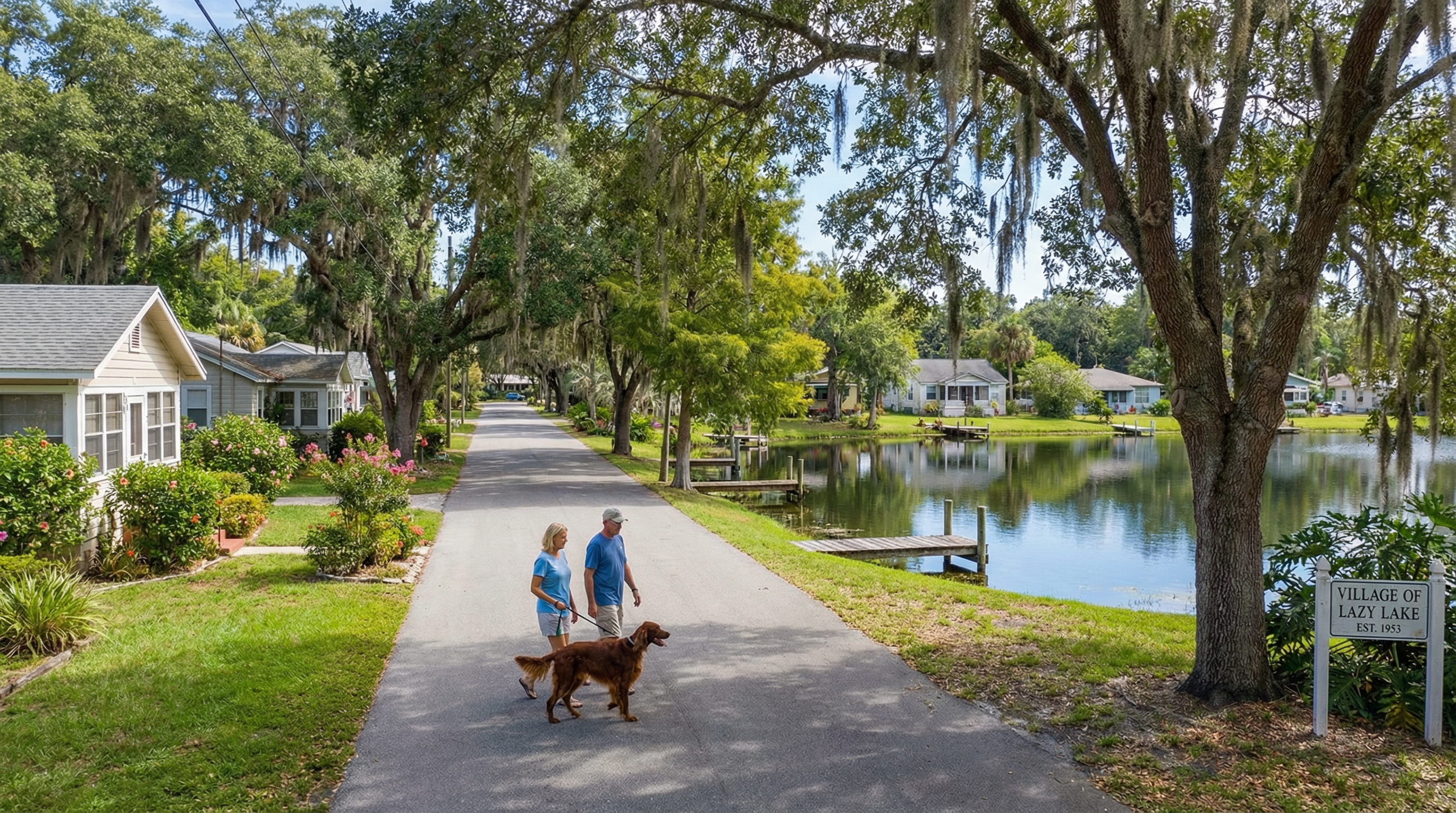 Lazy Lake Florida village with couple walking dog by the lake