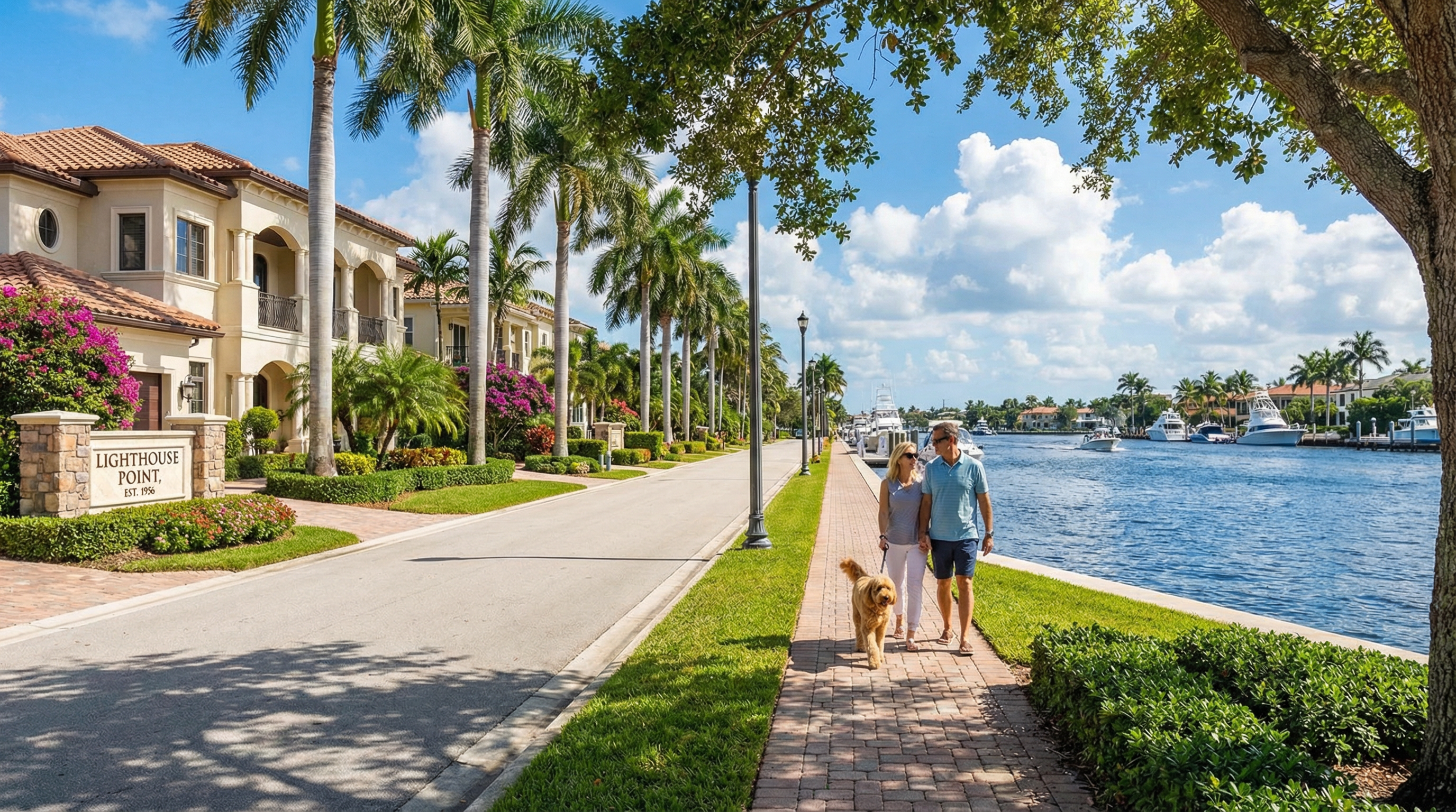 Lighthouse Point Florida waterfront neighborhood with dog walking