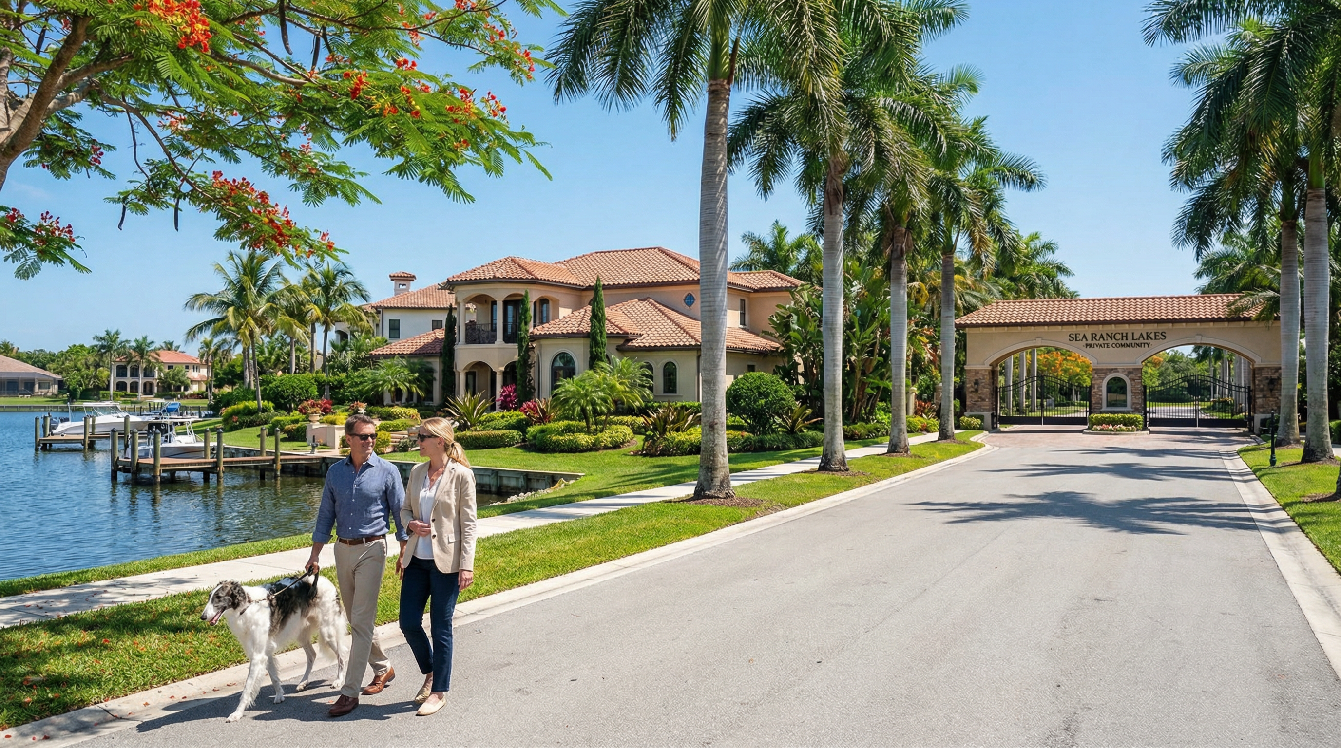 Sea Ranch Lakes Florida exclusive gated lakefront community with dog walking