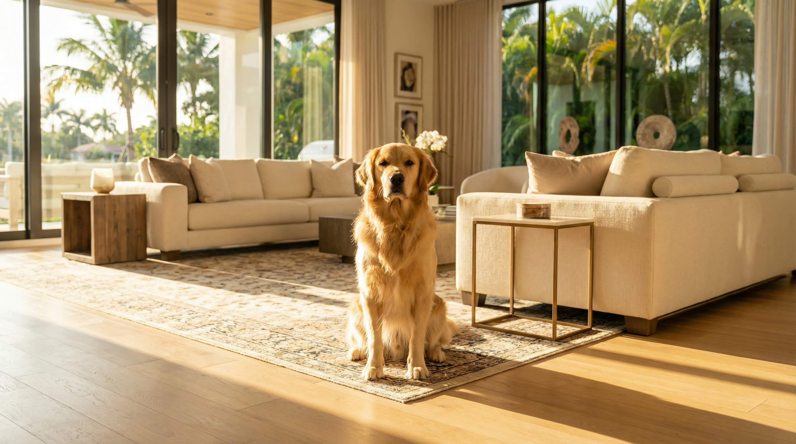 Happy dog owner with well-trained dog in Plantation, FL