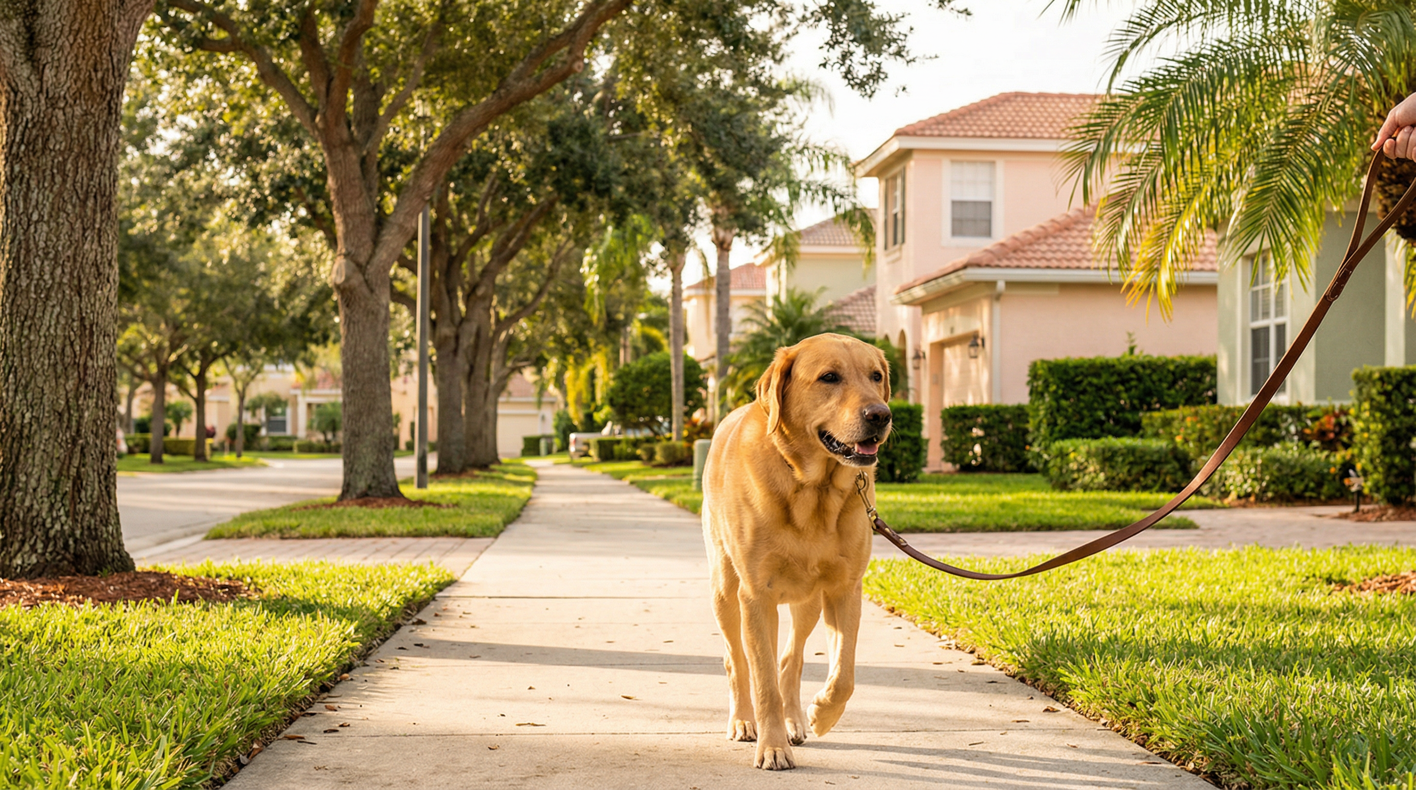 Well-trained dog walking calmly on a leash in a Florida neighborhood