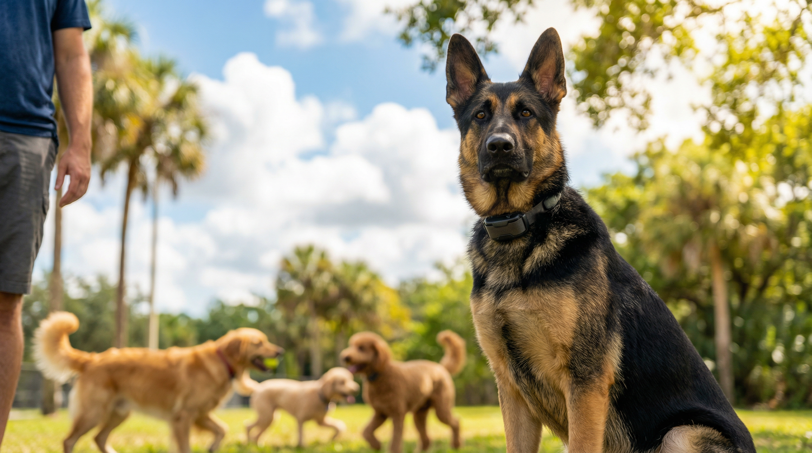 Dog running freely off-leash in a Florida park