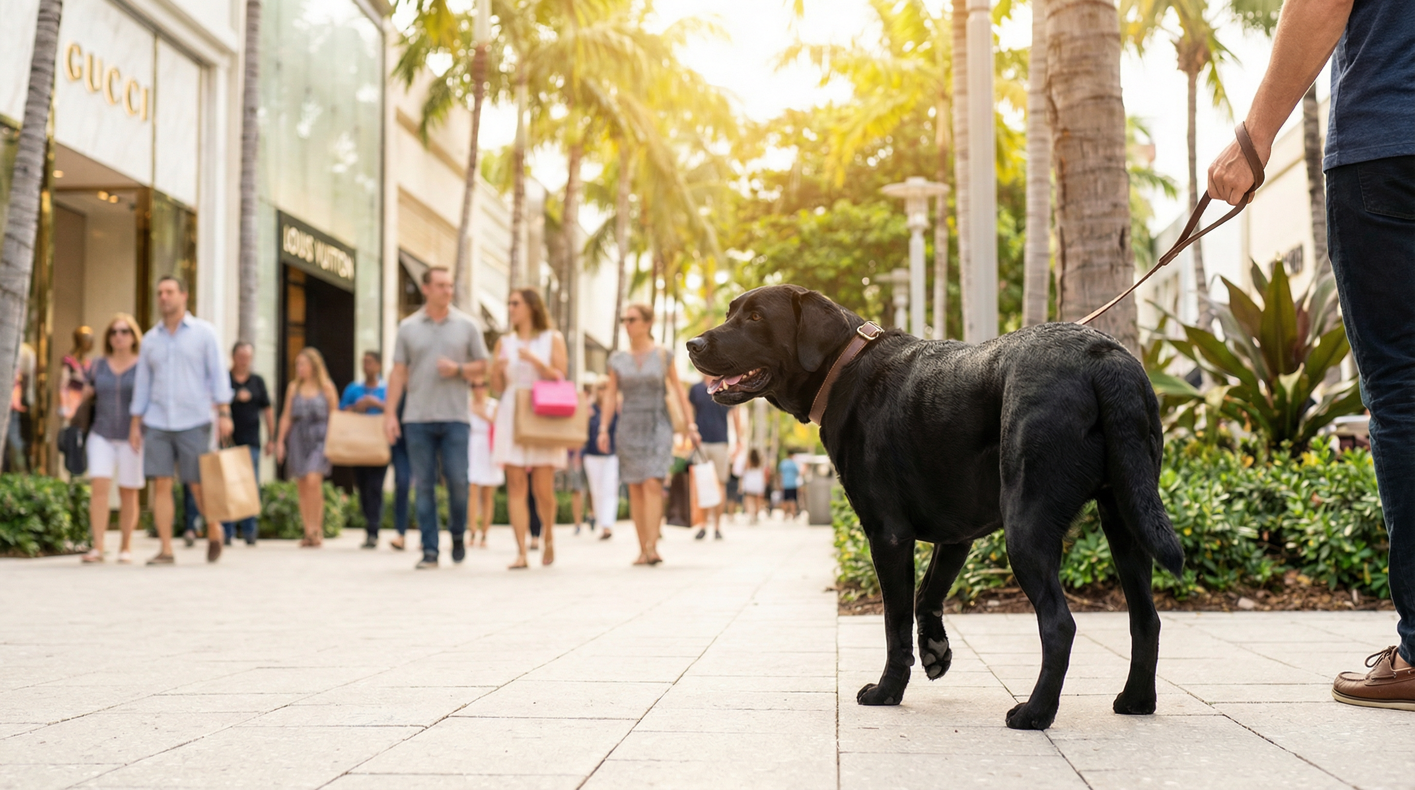 Well-behaved dog lying calmly under a table at an outdoor cafe