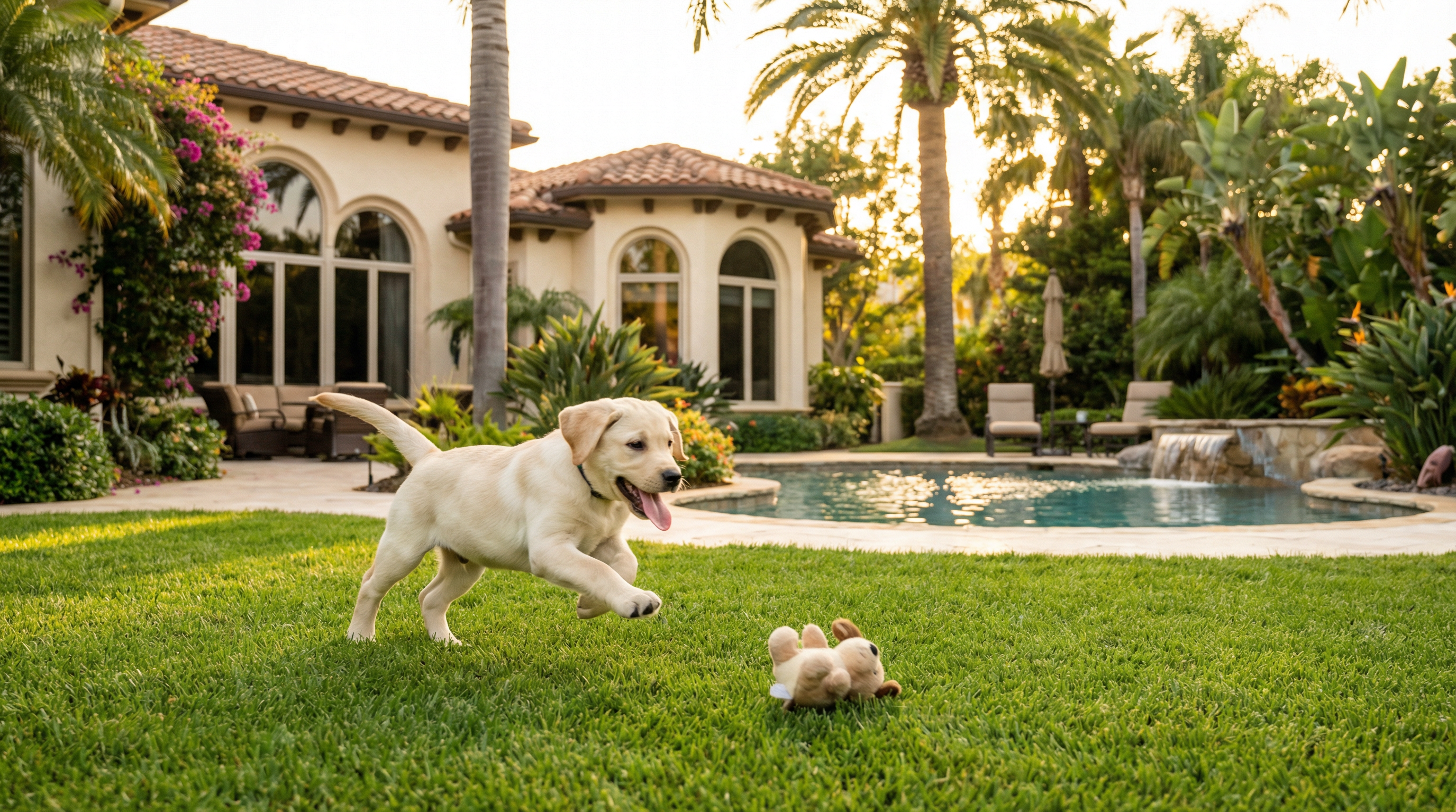Professional puppy trainer working with a labrador puppy in a Florida backyard