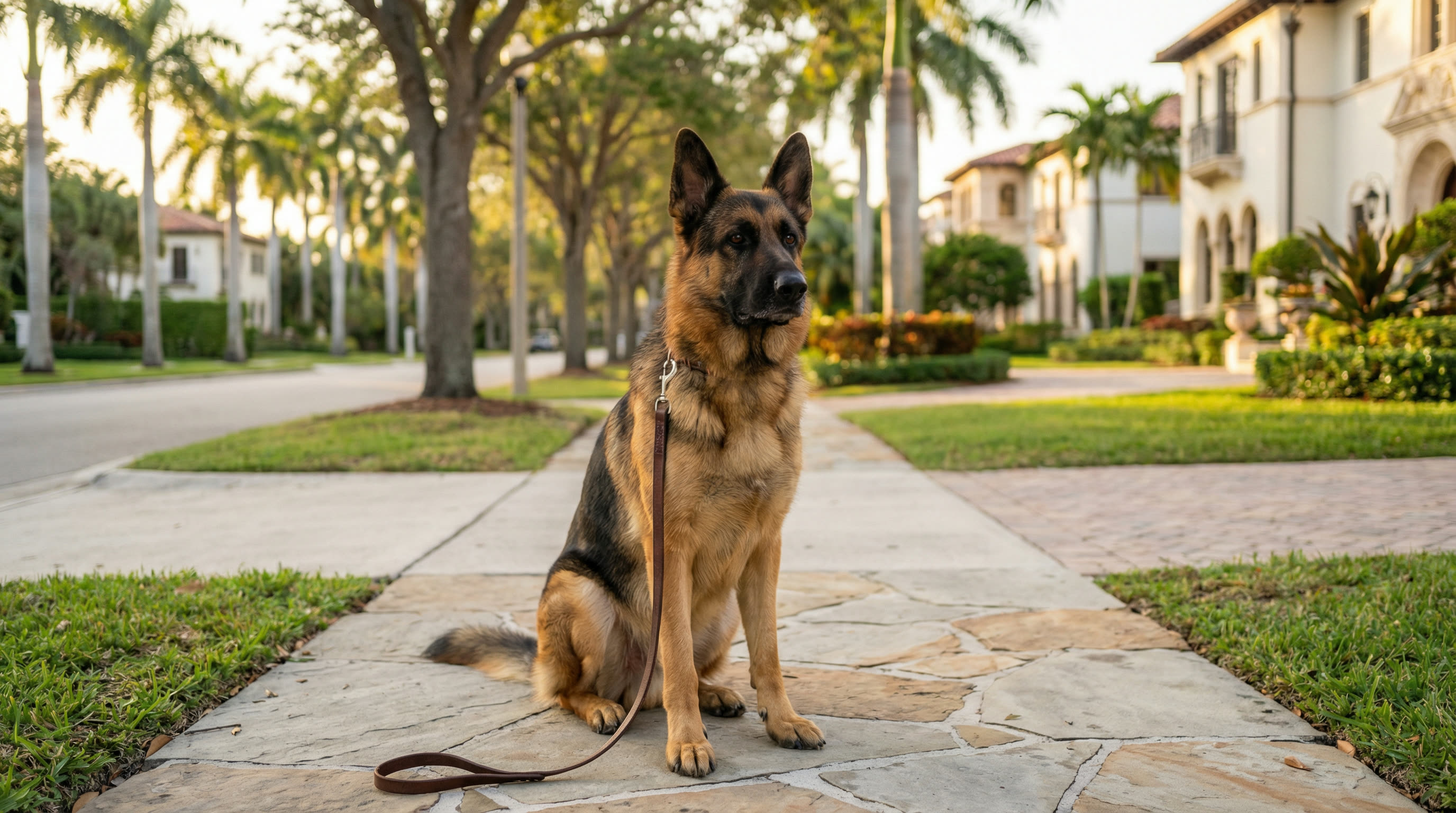 Calm, well-trained German Shepherd on leash in Plantation, FL