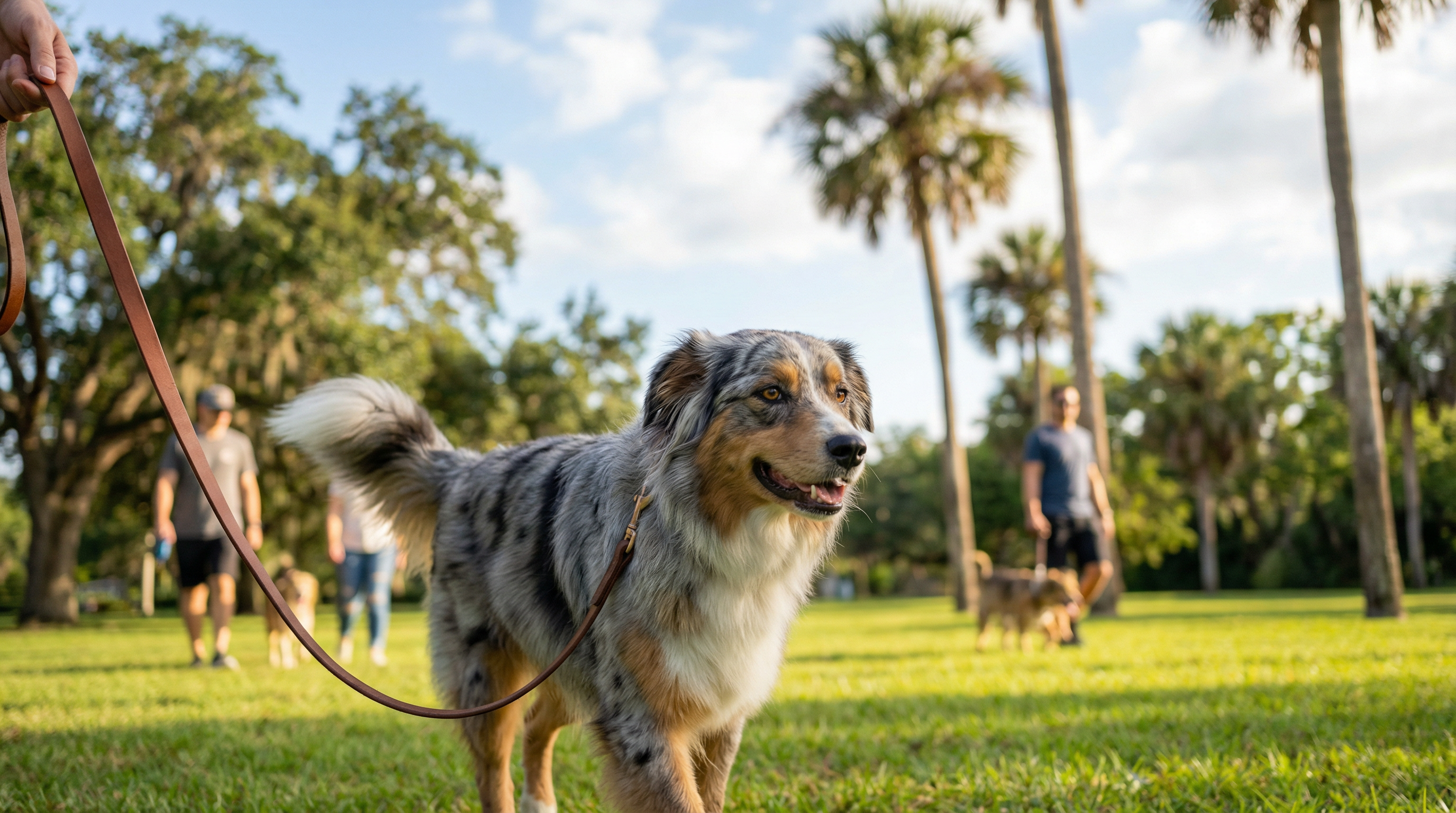 Calm dog walking peacefully on leash in a Florida neighborhood