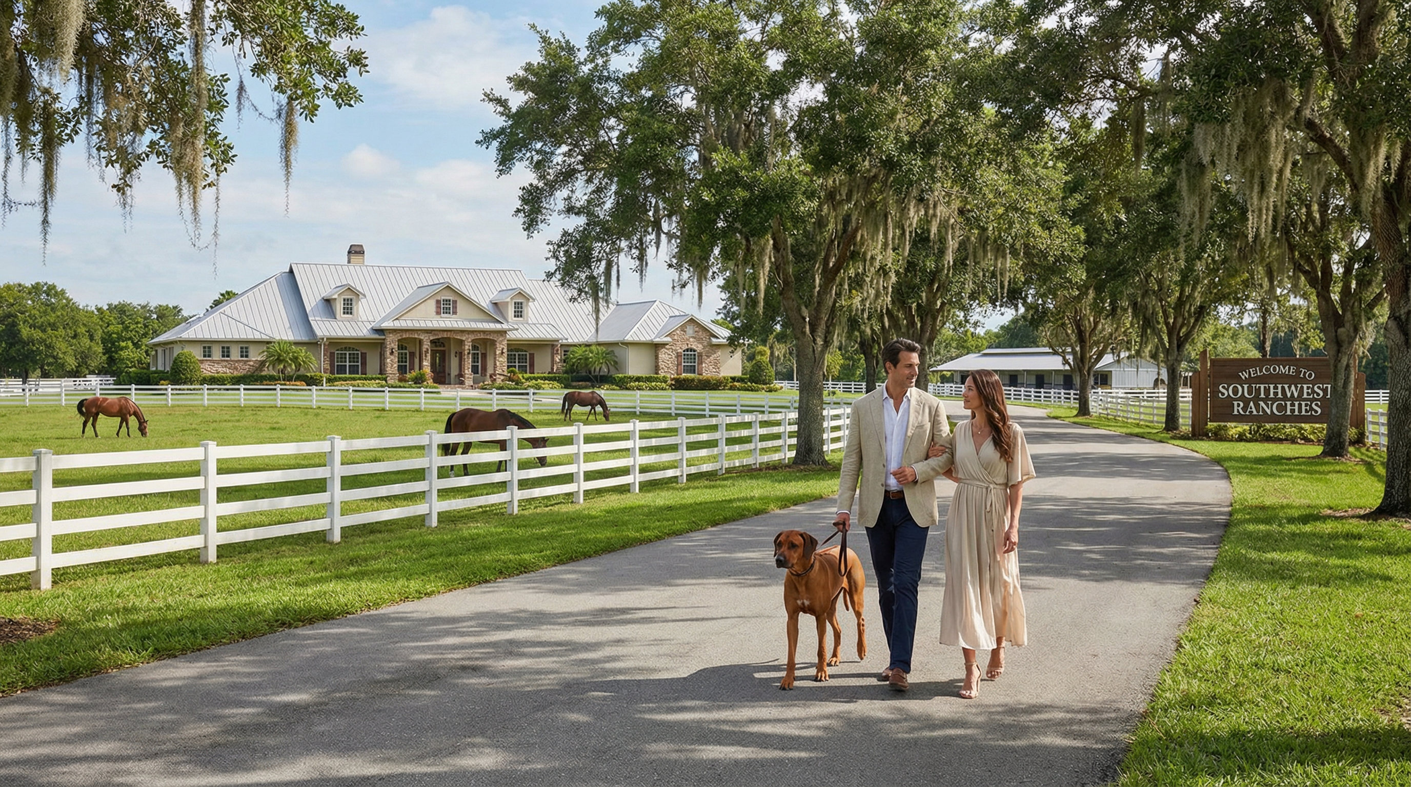 Southwest Ranches Florida equestrian estate with couple walking dog