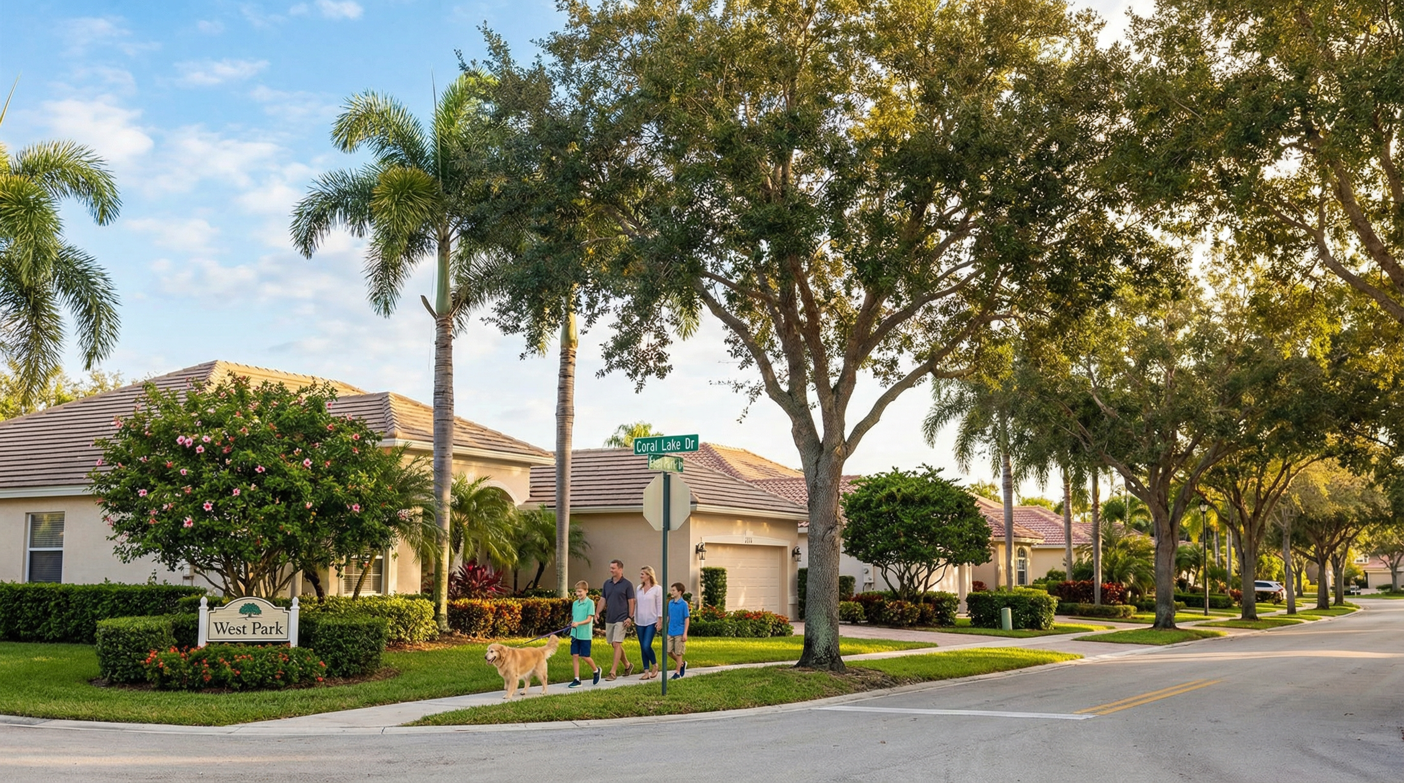 West Park Florida neighborhood with family walking dog