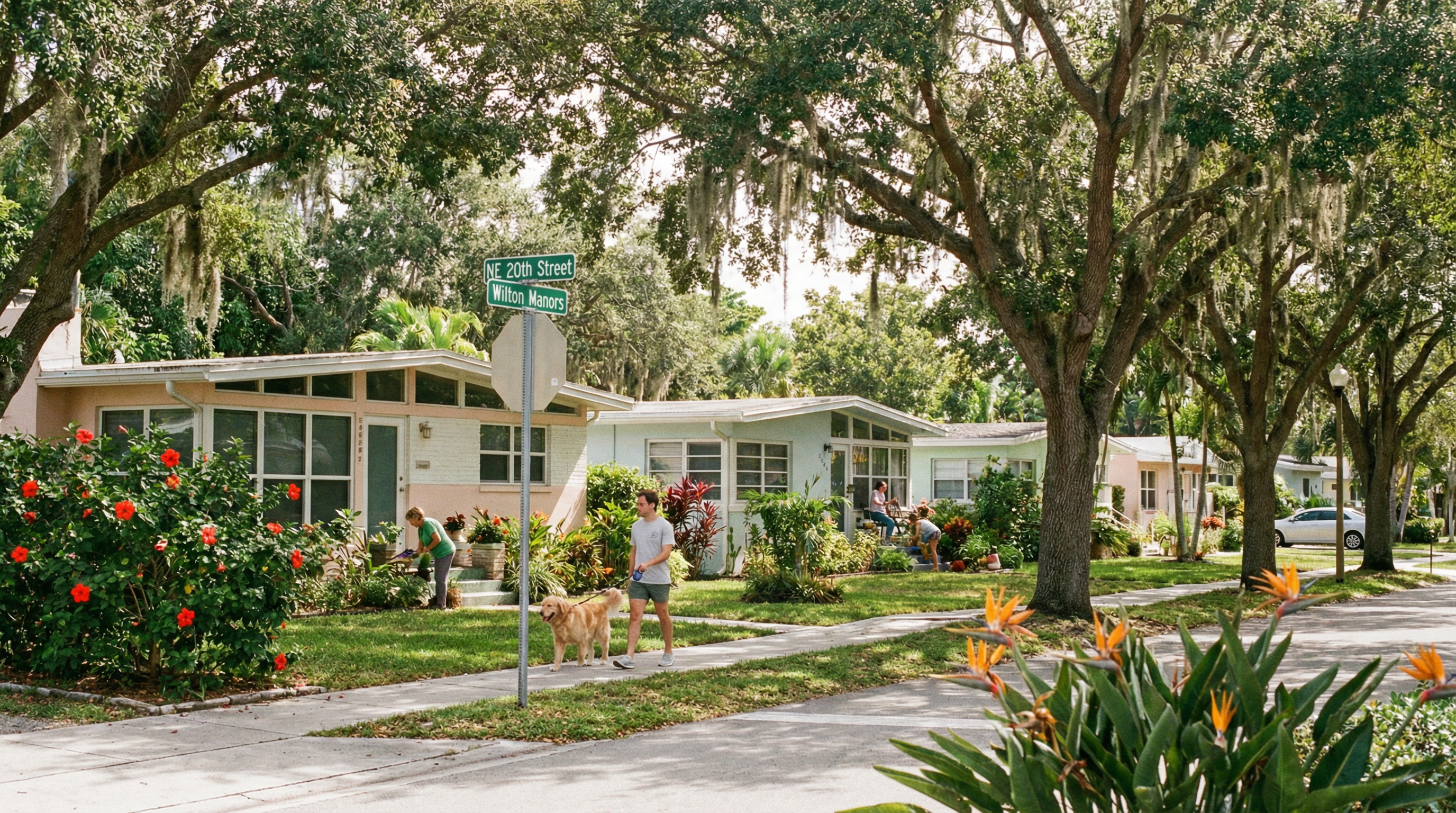 Wilton Manors Florida neighborhood with dog walking